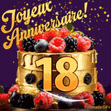 Une animation de célébration d'un gâteau de 18ème anniversaire, Des étoiles dorées tombent du ciel, mettant en valeur le texte 'Joyeux Anniversaire !' et le nombre doré 18 à l'avant du gâteau.