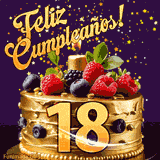 Una animación de celebración de una tarta para el 18º cumpleaños, Estrellas doradas caen del cielo, destacando el texto '¡Feliz Cumpleaños!' y el número dorado 18 en la tarta.