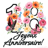 Ce GIF de Joyeux 18ème Anniversaire présente le nombre vingt rempli d'un bouquet vibrant de fleurs animées, avec des papillons qui bougent doucement sur un fond blanc.