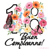 Questo GIF di Buon 18° Compleanno mostra il numero venti riempito con un vibrante bouquet di fiori animati, con farfalle che si muovono dolcemente su uno sfondo bianco.