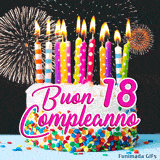 Diciottesimo compleanno celebrato in questa GIF animata con torta bianca, scritte rosa accese e suggestivi fuochi d'artificio dorati su fondo nero.