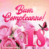 Diciottesimo compleanno celebrato in questa GIF animata con rose rosa, numero diciotto e una farfalla pronta a volare tra luci scintillanti.