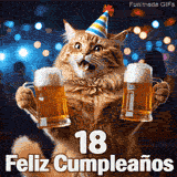 Un felino pelirrojo sorprendido levanta jarras de cerveza usando un sombrero de fiesta. En la base de la imagen dice 18 Feliz Cumpleaños.