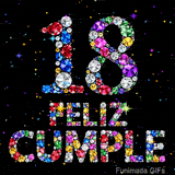El texto FELIZ CUMPLE y el número 18 se construyen con gemas luminosas de diversos colores y se ubican sobre un fondo negro con destellos.