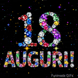 Il numero 18 e l'espressione Auguri disegnati da gioielli brillanti multicolori, circondati da piccole scintille su uno sfondo scuro.