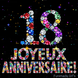 Le chiffre 18 et l'inscription Joyeux Anniversaire dessinés par des joyaux brillants multicolores, entourés de petites étincelles sur fond sombre.