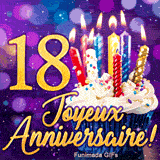 GIF animé 18 ans majorité : le chiffre 18 en or brillant à côté d'un gâteau d'anniversaire aux bougies allumées.