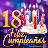 GIF animado de 18 años mayoría de edad: el número 18 en oro brillante junto a una tarta con velas encendidas.