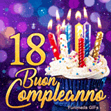 GIF animata 18 anni maggiore età: il numero 18 in oro brillante accanto a una torta con candele accese.