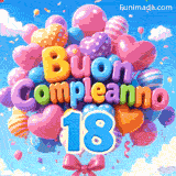 Il numero azzurro 18 pende sotto un grande insieme di palloncini colorati ondeggianti al vento, che formano le parole Buon Compleanno in lettere 3D.