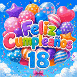GIF animado 18 años mayoría de edad: el número 18 azul junto a un gran ramillete de globos de fiesta y confeti al aire.