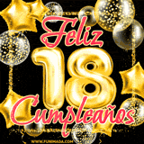 Animación de un GIF con el número 18 en dorado, rodeado de estrellas, burbujas brillantes y la frase 'Feliz cumpleaños' en letras modernas y festivas.