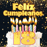 GIF animado de un pastel decorado con velas de colores, con el número 18 resaltado y un fondo brillante que transmite celebración.