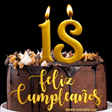 GIF de un pastel de chocolate con decoración de crema, velas doradas con el número 18 encendido, y un fondo negro elegante y cálido.