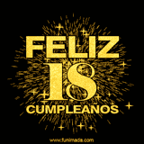 GIF animado con un diseño dorado, mostrando el número 18 rodeado de fuegos artificiales y luces que resaltan una atmósfera festiva y vibrante.