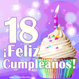 Animación de un cupcake con cobertura blanca, confites de colores, una vela encendida y el número 18 en grande sobre un fondo púrpura con luces brillantes.