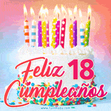 GIF animado con un pastel blanco decorado con confites y velas de colores encendidas, acompañado de la frase 'Feliz 18 cumpleaños' sobre un fondo alegre.