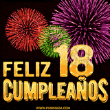 GIF animado con el número 18 en dorado, rodeado de fuegos artificiales rojos, verdes y morados, con el mensaje 'Feliz cumpleaños' en letras doradas.
