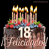 Animación de un pastel de chocolate decorado con frutas, velas encendidas y el número 18, acompañado de la palabra '¡Felicidades!' en elegante tipografía.