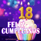 GIF animado de un cupcake decorado con confites, dos velas doradas encendidas formando el número 18, sobre un fondo púrpura brillante con destellos.