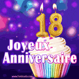 GIF animé joyeux anniversaire pour 18 ans avec un cupcake coloré, des bougies dorées en forme de 18 et un fond violet scintillant.
