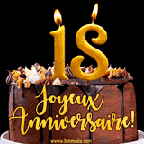 GIF animé pour un 18e anniversaire avec une élégante gâteau au chocolat, des bougies dorées formant le chiffre 18 et le texte 'Joyeux Anniversaire!' en écriture dorée.