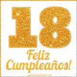 Imagen animada con el número 18 en diseño dorado brillante acompañado de la frase 'Feliz cumpleaños' sobre un fondo blanco simple y elegante.