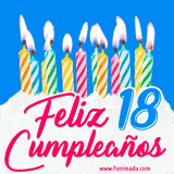 Animación de un pastel decorado con velas coloridas y encendidas, el número 18 destacado en azul y la frase 'Feliz cumpleaños' en letras estilizadas.