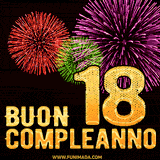 Animazione di fuochi d'artificio colorati con il numero 18 in oro brillante e la scritta 'Buon Compleanno' su uno sfondo nero festivo ed elegante.