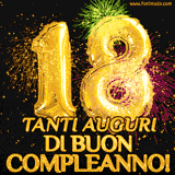 Palloncini dorati a forma del numero 18, accompagnati da scintille e fuochi d'artificio su sfondo nero, con il messaggio 'Tanti auguri di Buon Compleanno!'.
