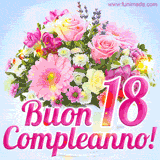 Bouquet animato con rose rosa, margherite e altri fiori colorati, con il numero 18 e la scritta 'Buon Compleanno!' in stile elegante e luminoso.