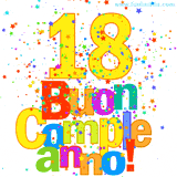 Animazione con il numero 18 in giallo e scritte multicolore 'Buon Compleanno!', accompagnate da una pioggia di stelle e coriandoli colorati.
