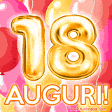 Bouquet animato di palloncini multicolori che emergono da una scatola regalo, con il numero 18 e la scritta 'Tanti Auguri!' su uno sfondo pieno di coriandoli.