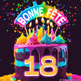 GIF animé pour un 18e anniversaire avec un gâteau au chocolat recouvert de glaçage arc-en-ciel, des bougies allumées, et le texte 'Bonne Fête' sur un fond étoilé et festif.