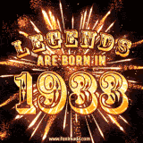 A brilliant golden animated design with fireworks, featuring bold text that reads 'Legends Are Born in 1933,' celebrating new births and milestone birthdays.
