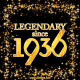 A shimmering golden text animation reading 'Legendary since 1936' surrounded by twinkling stars.