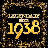 A shimmering golden text animation reading 'Legendary since 1938' surrounded by twinkling stars.