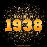 A sparkling black and gold animation with bold golden text reading 'Born in 1938,' surrounded by shimmering confetti.