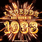 A brilliant golden animated design with fireworks, featuring bold text that reads 'Legends Are Born in 1938,' celebrating new births and milestone birthdays.