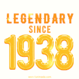 A bold golden animation featuring 'Legendary Since 1938' with a clean, radiant design that highlights the greatness of this special year.