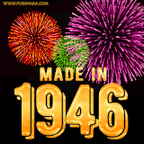A celebratory golden animation reading 'Made in 1946,' with bright, colorful fireworks bursting in the background to mark a memorable occasion.