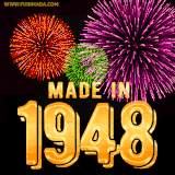 A celebratory golden animation reading 'Made in 1948,' with bright, colorful fireworks bursting in the background to mark a memorable occasion.