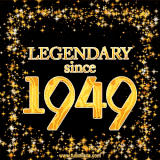 A shimmering golden text animation reading 'Legendary since 1949' surrounded by twinkling stars.
