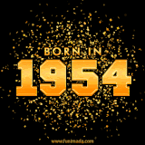 A sparkling black and gold animation with bold golden text reading 'Born in 1954,' surrounded by shimmering confetti.