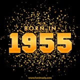 A sparkling black and gold animation with bold golden text reading 'Born in 1955,' surrounded by shimmering confetti.