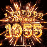 A brilliant golden animated design with fireworks, featuring bold text that reads 'Legends Are Born in 1955,' celebrating new births and milestone birthdays.