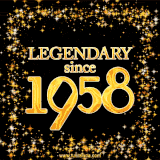 A shimmering golden text animation reading 'Legendary since 1958' surrounded by twinkling stars.