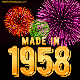 A celebratory golden animation reading 'Made in 1958,' with bright, colorful fireworks bursting in the background to mark a memorable occasion.