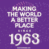 Animated text GIF featuring fireworks burst in the background as bold white text proudly states 'Making the World a Better Place Since 1963.'