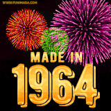A celebratory golden animation reading 'Made in 1964,' with bright, colorful fireworks bursting in the background to mark a memorable occasion.